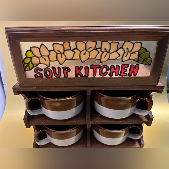 Vtg Wood & Stain Glass SOUP KITCHEN Rack 4 Brown Tan Stew Coffee Stoneware Mugs - Picture 2 of 5